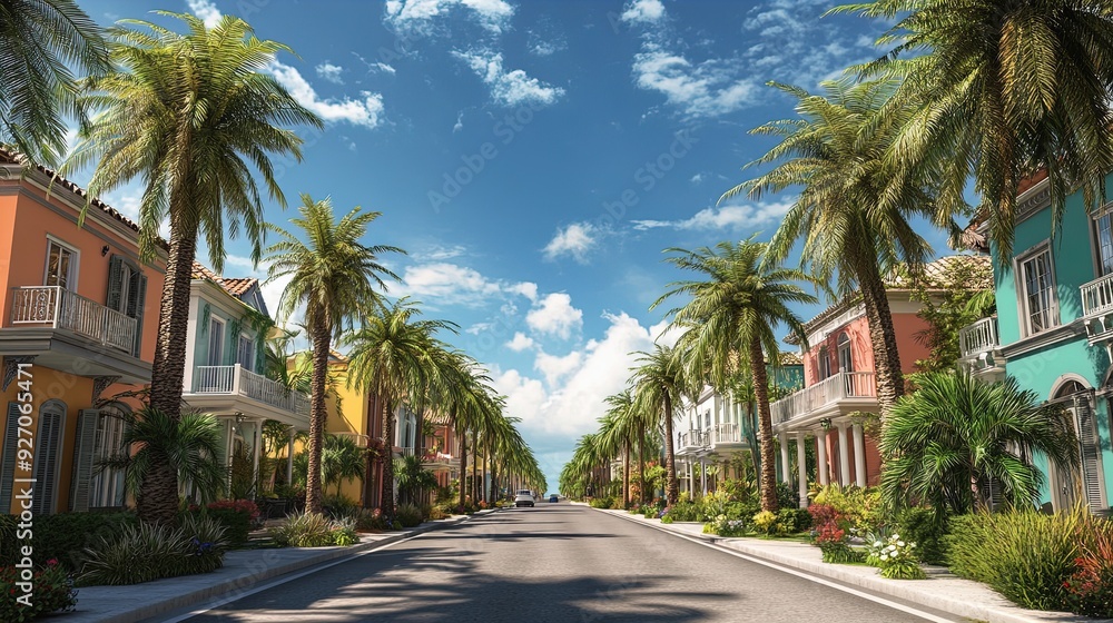 Vibrant Boulevard Bliss: Eclectic Colorful Homes Amidst Lush Palm Trees - Perfect for a Tropical-Themed Sports Interior Poster! Vibrant Boulevard Bliss: Eclectic Colorful Homes Amidst Lush Palm Trees - Perfect for a Tropical-Themed Sports Interior Poster!