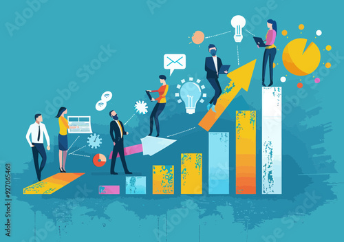 Business Team Collaborating on Growth Strategy with Graph Analysis and Lightbulb Ideas Development Concept Vector Illustration