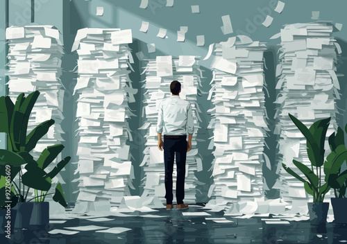Overwhelmed Businessman Staring at Endless Stacks of Paperwork in Office, Concept of Workload and Stress in Corporate Environment