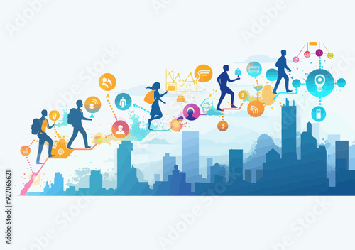 Illustration of Team Climbing Career Ladder with Business Icons, Representing Career Growth and Success, Minimalistic Design for Business Concept, Vector Art