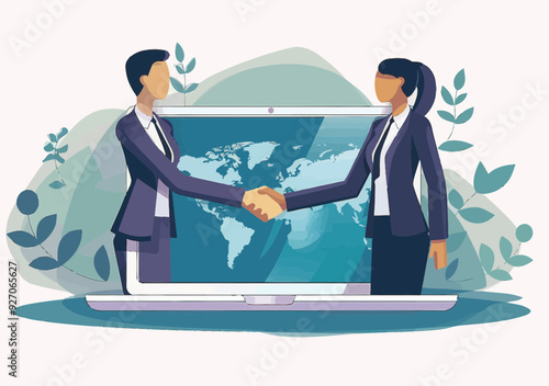 Global Business Partners Shaking Hands Virtually Through Laptop Screen, Connection, Collaboration, Minimalistic Vector Illustration