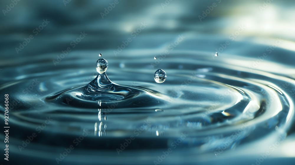 Close-up of water drop with ripples in blue liquid. Close-up of water drop with ripples in blue liquid.