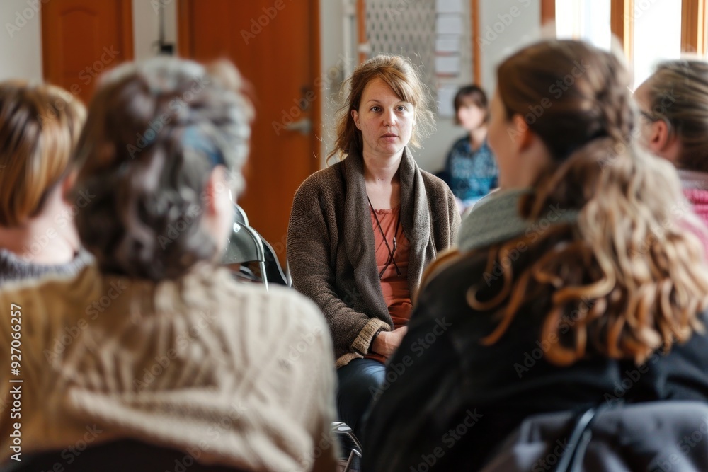 Woman Leading Group Therapy Session in Community Center Woman Leading Group Therapy Session in Community Center