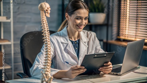  a woman in a white lab coat is sitting at a desk