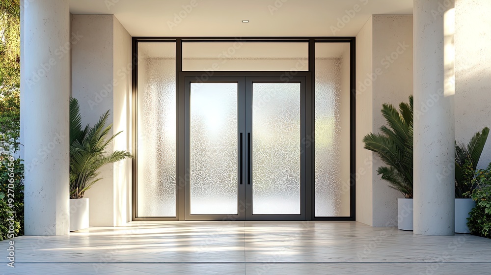 Obraz premium Elegant Frosted Glass Door with Marble Columns – Perfect for Sports Interior Posters, Capturing Stylish Outdoor Patio Charm Against Bright Stucco Wall