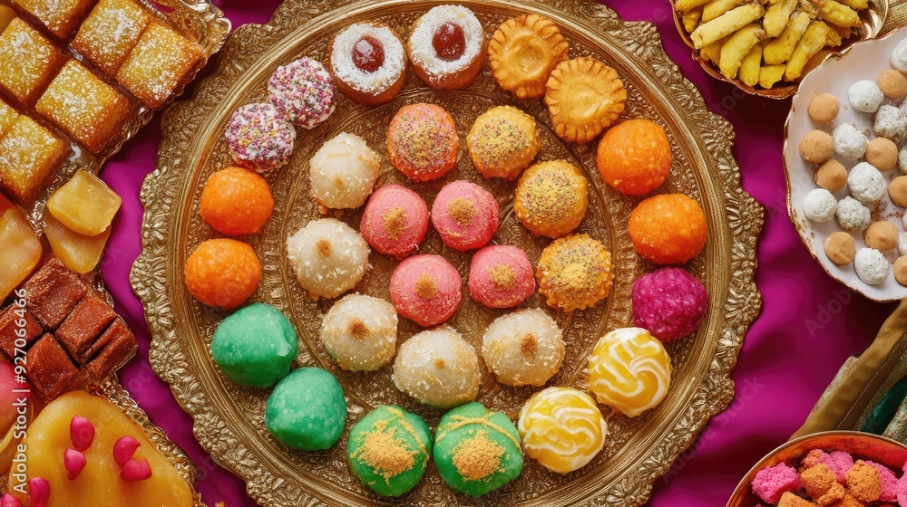 A colorful top view of Indian sweets like ladoos, jalebis, and barfi, placed on a decorative plate. A colorful top view of Indian sweets like ladoos, jalebis, and barfi, placed on a decorative plate.