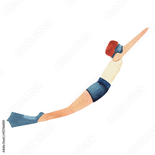 A man swims underwater with fins. Watercolor isolated illustration for the design of diplomas and sports certificates, advertising of swimming pools, competitions and resorts.