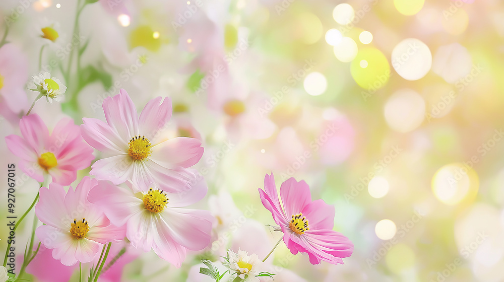 summer flowers on Blurred background with soft pastel colors, bokeh effect, pink green yellow white summer flowers on Blurred background with soft pastel colors, bokeh effect, pink green yellow white
