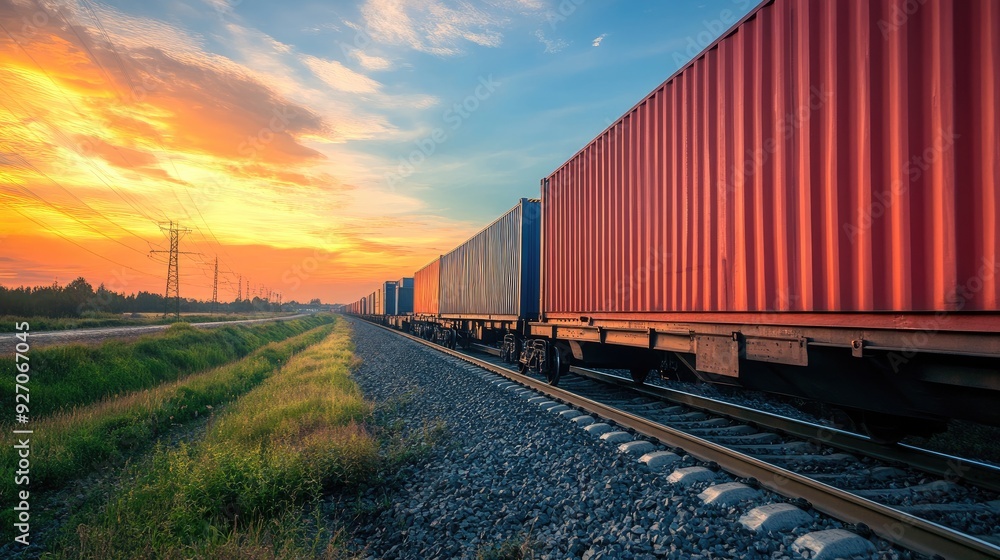 Train hauling a container along the railway, emphasizing the role of trains in freight transportation and logistics Train hauling a container along the railway, emphasizing the role of trains in freight transportation and logistics
