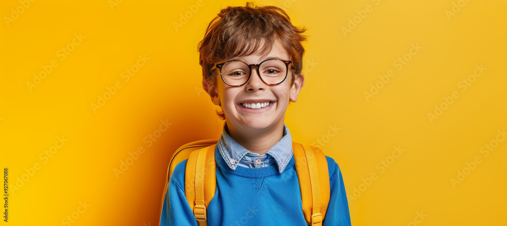 Happy Schoolboy with Glasses in Blue Sweater and Yellow Backpack, Smiling Against Yellow Background Happy Schoolboy with Glasses in Blue Sweater and Yellow Backpack, Smiling Against Yellow Background