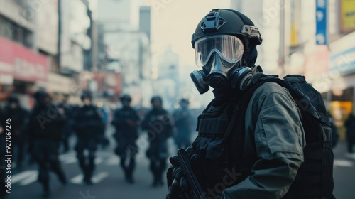 Urban scene with a police patrol in body armor and gas masks, highlighting the intense security measures in place