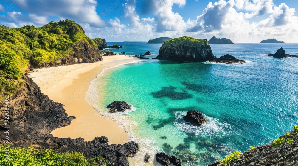 A serene view of a beach in Fernando de Noronha, with turquoise waters, white sand, and rocky cliffs. A serene view of a beach in Fernando de Noronha, with turquoise waters, white sand, and rocky cliffs.