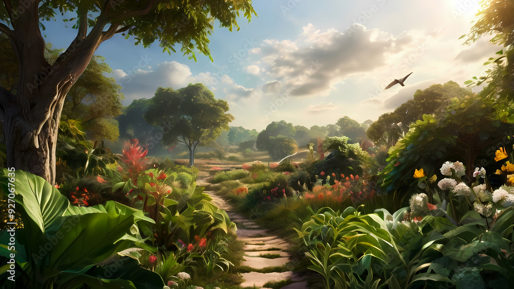 Fototapeta premium Verdant Garden Oasis, showcase the lush greenery and vibrant blooms of a flourishing garden oasis