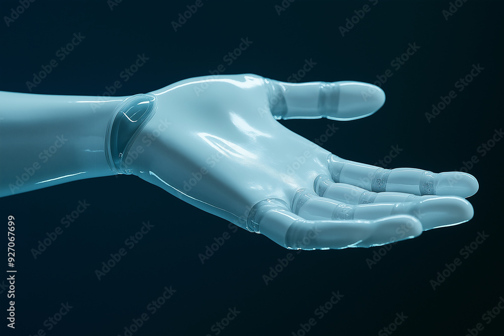 Obraz premium アンドロイドの白い手のひら。横向き。暗い青い背景。