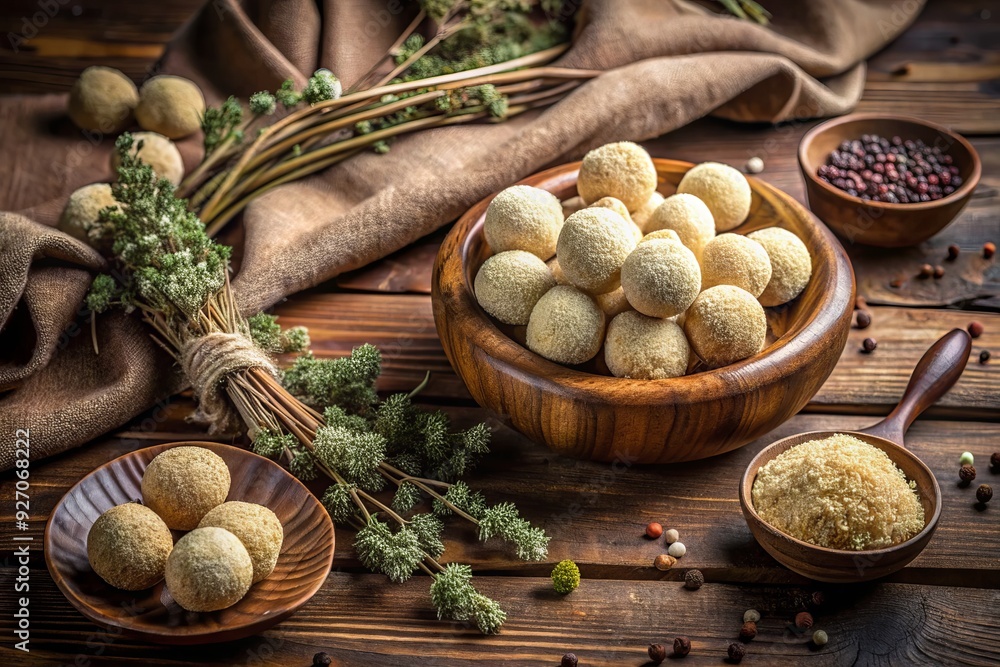 rustic tabletop arrangement of rough-hewn masa balls surrounded by scattered dried oregano and rough textiles in soft earthy tones of dawn rustic tabletop arrangement of rough-hewn masa balls surrounded by scattered dried oregano and rough textiles in soft earthy tones of dawn