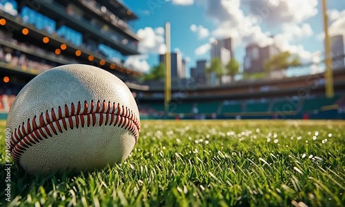 A close-up of a baseball resting on a lush green field, with a blurred background of a stadium.