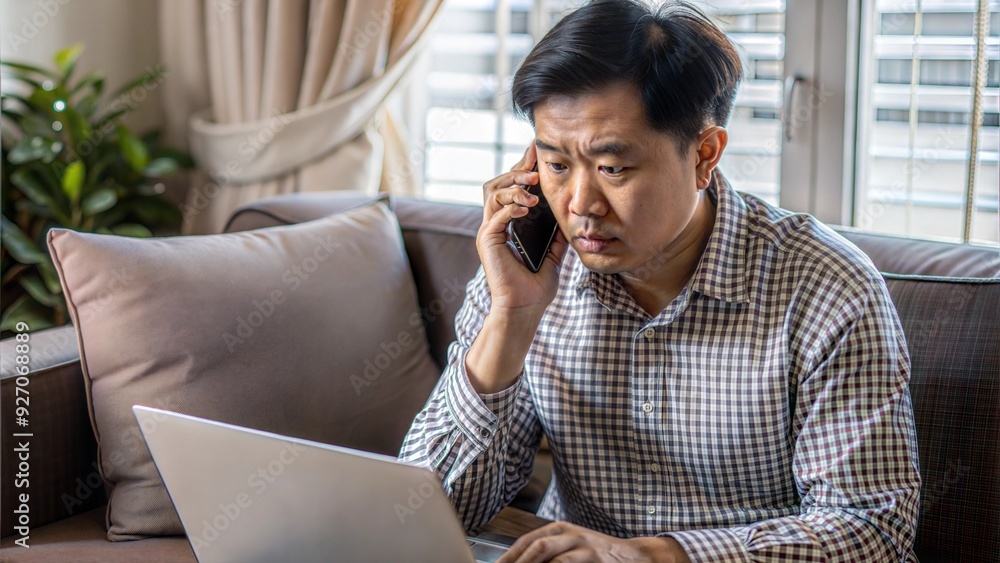 discontented asian student guy talking on phone discontented asian student guy talking on phone