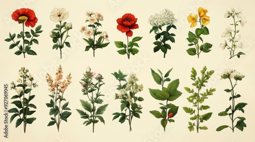 An array of plants known for their addictive substances, including opium poppies and betel nuts, in a botanical study illustration 
