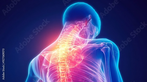 Human skeleton with highlighted cervical spine, showing pain in the neck area.