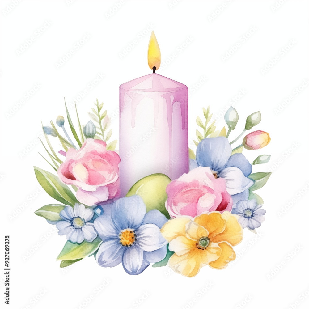 Lit Candle Surrounded By Beautiful Spring Flowers And Soft Glowing Light Lit Candle Surrounded By Beautiful Spring Flowers And Soft Glowing Light