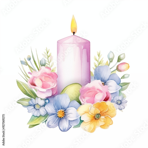 Lit Candle Surrounded By Beautiful Spring Flowers And Soft Glowing Light