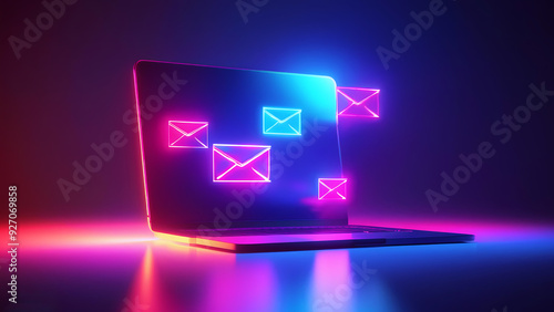 3d render of laptop with flying envelopes and letter, illustrating the concept of email marketing.
