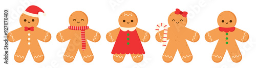 Set of cute gingerbread xmas cookies decoration clipart merry christmas flat illustration sticker 