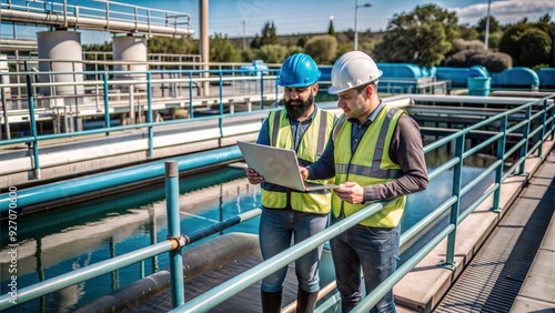 environmental engineers work at wastewater treatme photo