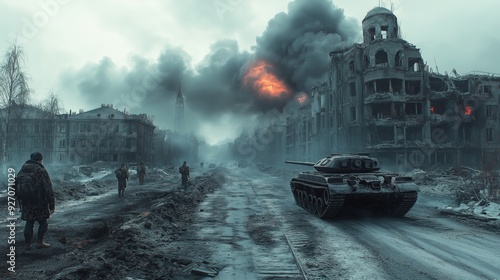 Tank Rolling Through a Devastated Urban Area with Smoke Billowing from Nearby Buildings, Soldiers Following Behind, Creating a Powerful and Dramatic Scene