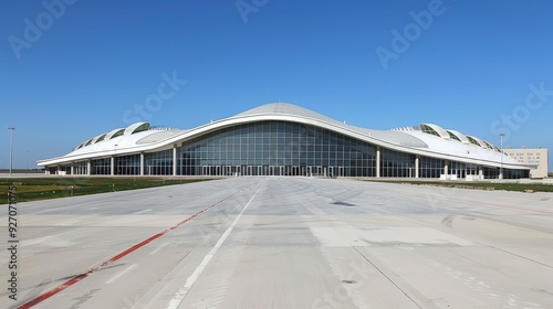 Vibrant Wide-Angle Shot of a Clear Airport Terminal with Planes in the Distance