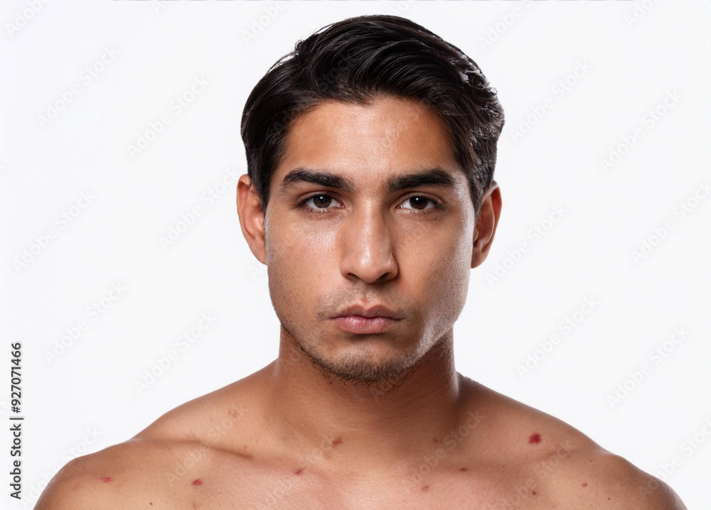 Fototapeta premium Close-up photography of an American European man with severe acnes on body, disease monkeypox, visible redness and inflammation, isolated on a white background, studio lighting, surface detail