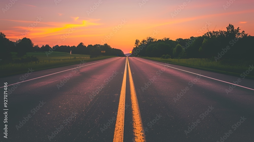 A paved road stretches into the distance, leading towards a golden sunset. A paved road stretches into the distance, leading towards a golden sunset.