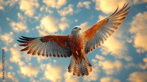 A majestic bird of prey soars through the blue sky, its wings outstretched in powerful flight photo