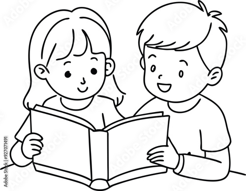 Little boy and little girl reading book 