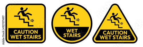 Set warning falling off the stairs sign on white background. slippery stairs warning sign.	