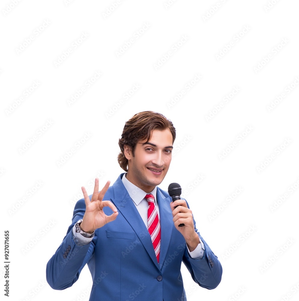 Elegant man with microphone isolated on white Elegant man with microphone isolated on white