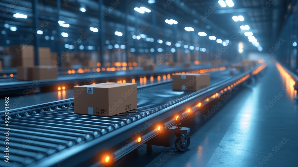 Automated conveyor belt with packages in warehouse Automated conveyor belt with packages in warehouse