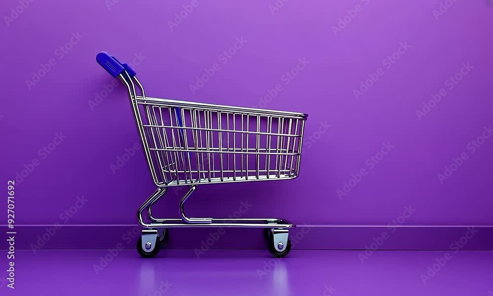 A silver shopping cart on a purple background. A silver shopping cart on a purple background.