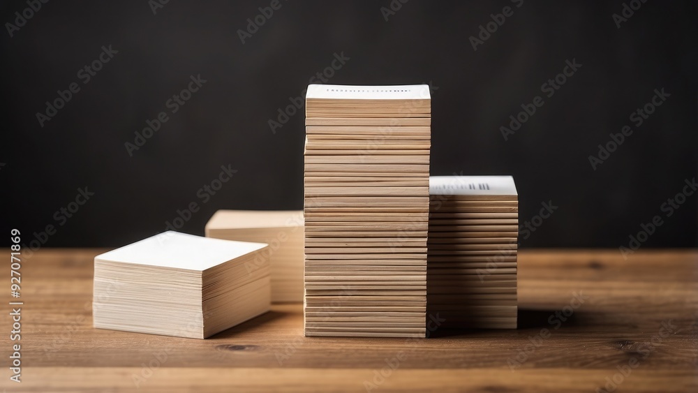 Stack of business cards on a wooden desk, neatly arranged.- Stack of business cards on a wooden desk, neatly arranged.-