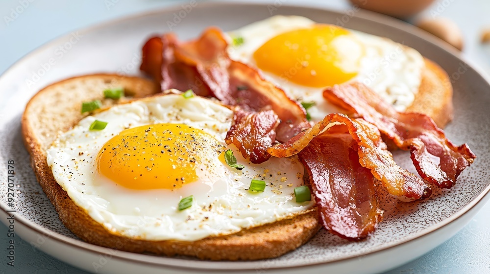 Classic breakfast of eggs, bacon, and toast Classic breakfast of eggs, bacon, and toast