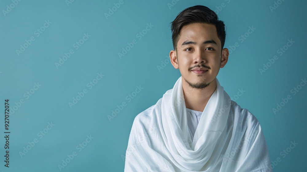 A young Muslim man in traditional ihram attire demonstrating how to wear it against a blue background, representing the concept of Hajj. A young Muslim man in traditional ihram attire demonstrating how to wear it against a blue background, representing the concept of Hajj.