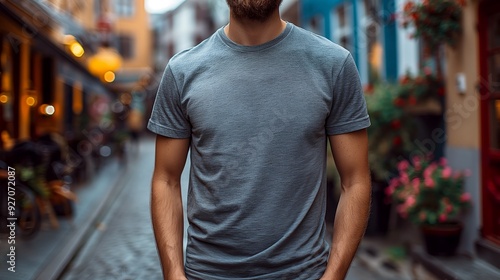 Man in grey t-shirt mockup, front view, blurred street background, bokeh effect, natural lighting, bright colors, focus on the shirt.