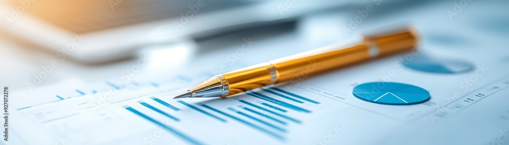 Close-up of a golden pen resting on financial charts and graphs, representing data analysis, business strategy, and financial planning. Close-up of a golden pen resting on financial charts and graphs, representing data analysis, business strategy, and financial planning.