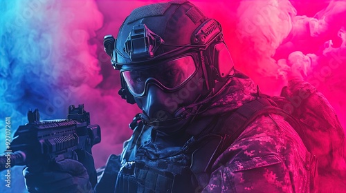 Futuristic Soldier in Vibrant Pink and Blue Smoke: Tactical Artwork for Sports Interior Poster, Showcasing High-Tech Gear and Intense Determination photo