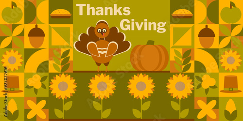  Mosaic background for Thanksgiving with a festive concept. Modern geometric pattern. Template for background, banner, postcard, poster. Vector illustration.