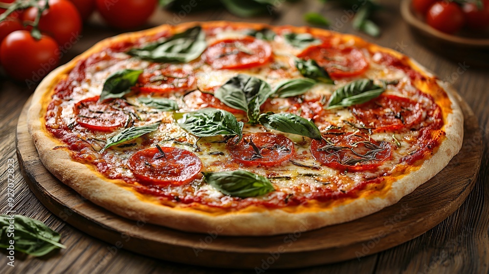 Savory cheese-topped flatbread with fresh toppings on a rustic surface. Savory cheese-topped flatbread with fresh toppings on a rustic surface.