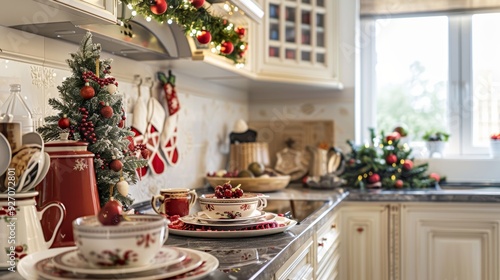 Festive Christmas Kitchen Decor with Holiday Towels, Small Tree, and Festive Dishware for Holiday Cheer