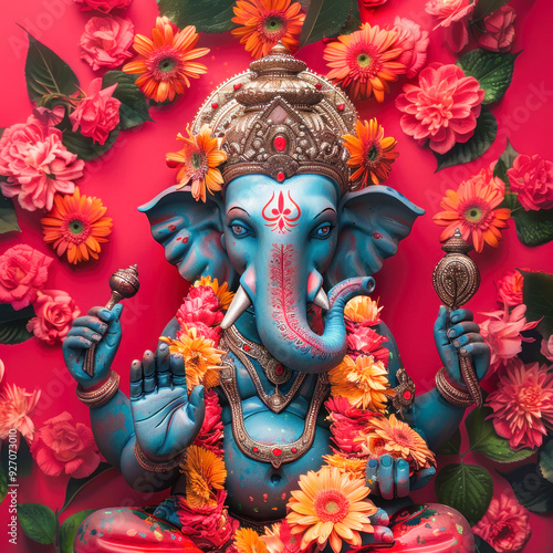 colorful lord ganesha statue on red background