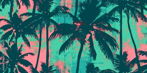Vibrant continuous design featuring shadowy palm tree outlines amidst a lush jungle, with abstract hand-drawn textures and tribal floral elements.