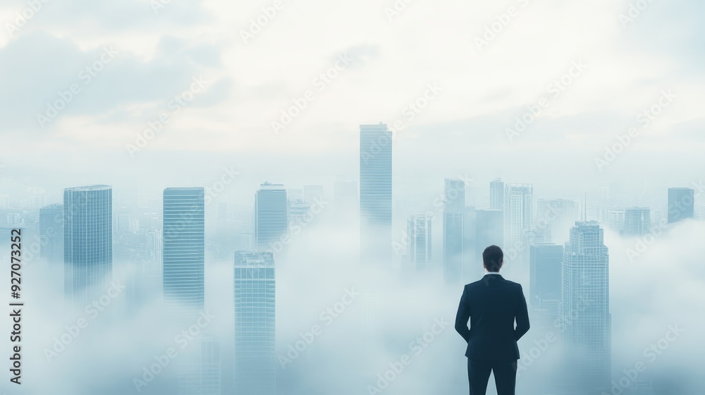 Businessman Overlooking Foggy City Skyline Businessman Overlooking Foggy City Skyline